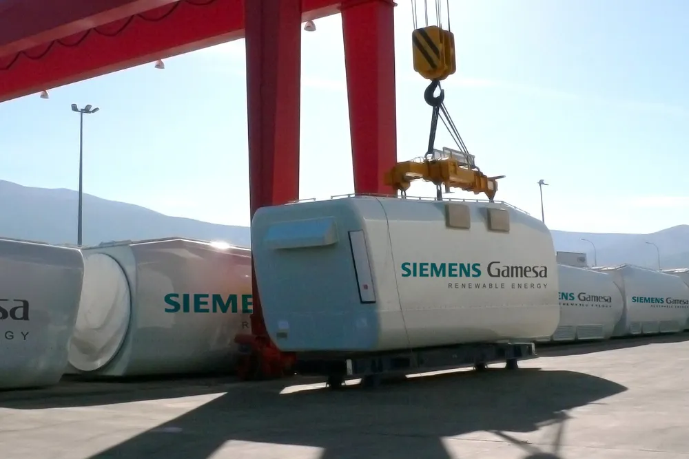 Siemens Gamesa wind turbine nacelles at a production facility.
