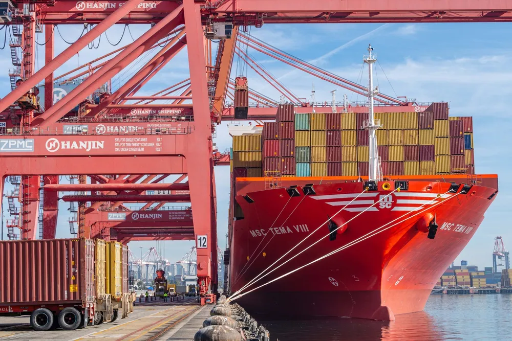 An MSC Mediterranean Shipping Company vessel docks at the Port of Long Beach on the US West Coast.