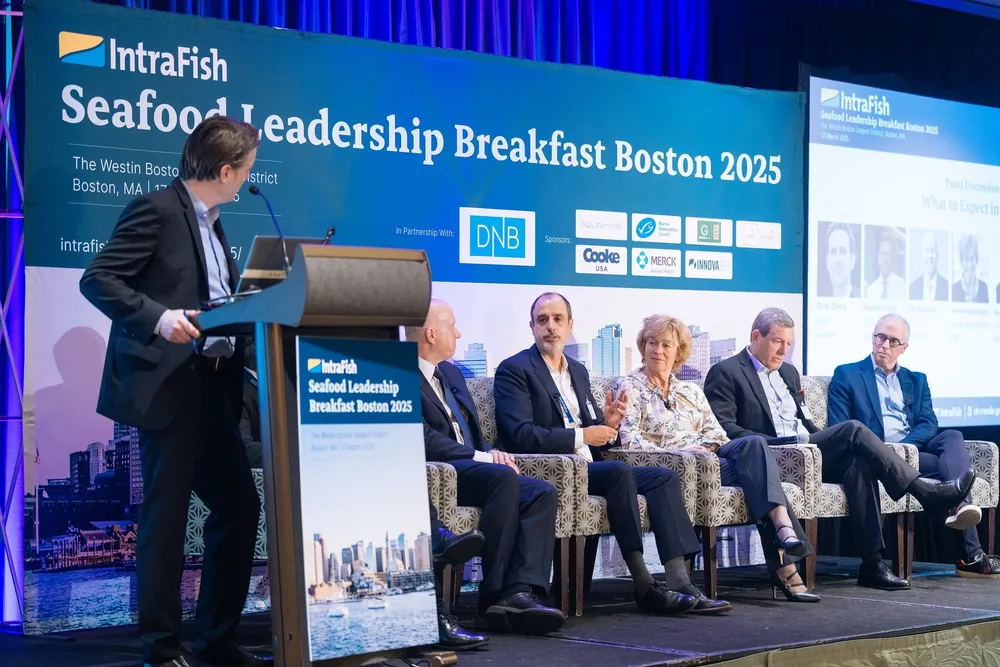 Left to right -- Cooke USA COO Bret Scholtes; Multi X CEO Christian Swett Pla; Anne Hvistendahl, global head of Seafood, DNB; Ricardo Garcia, CEO Camanchaca; High Liner Foods CEO Paul Jewer at the IntraFish Leadership Breakfast in Boston