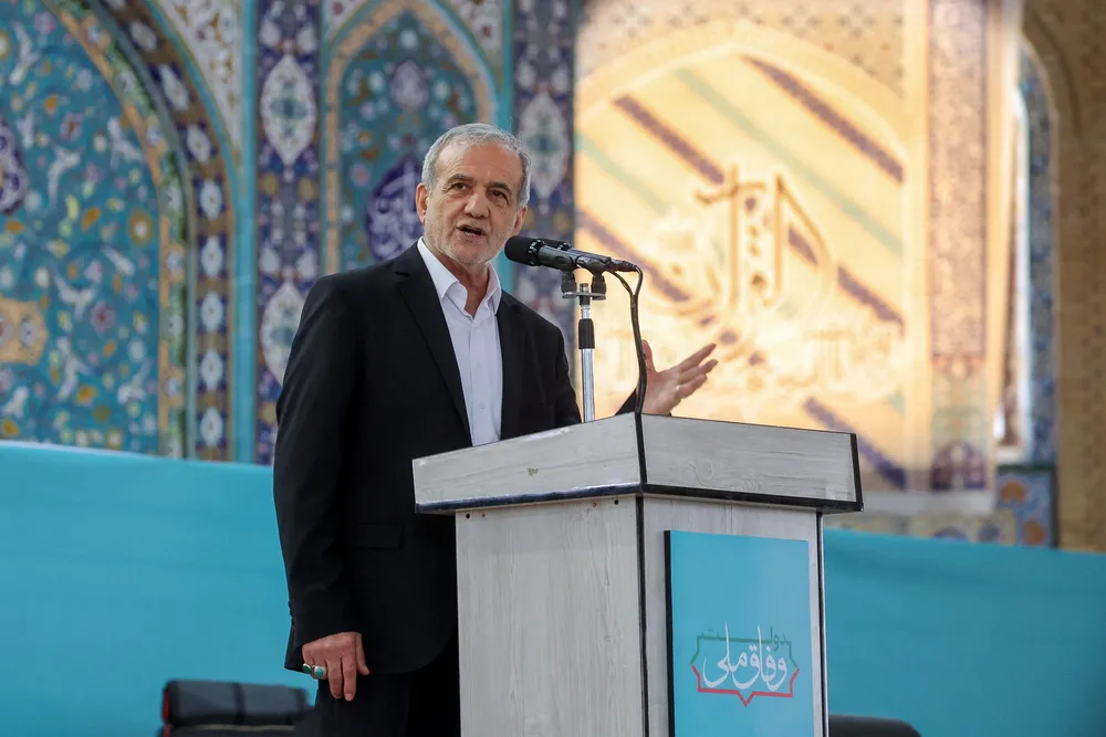 Iranian President Masoud Pezeshkian speaks during a meeting in Ilam, Iran on Thursday, 12 June 2025.