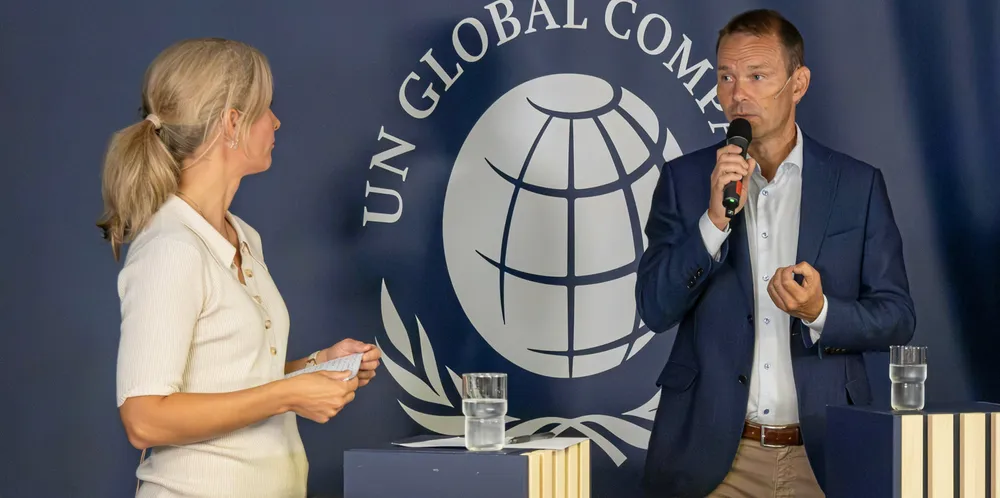 Gard chief executive Rolf Thore Roppestad speaks at an event on sanctions at Arendalsuka in August 2023. The panel featured several Norwegian government officials.