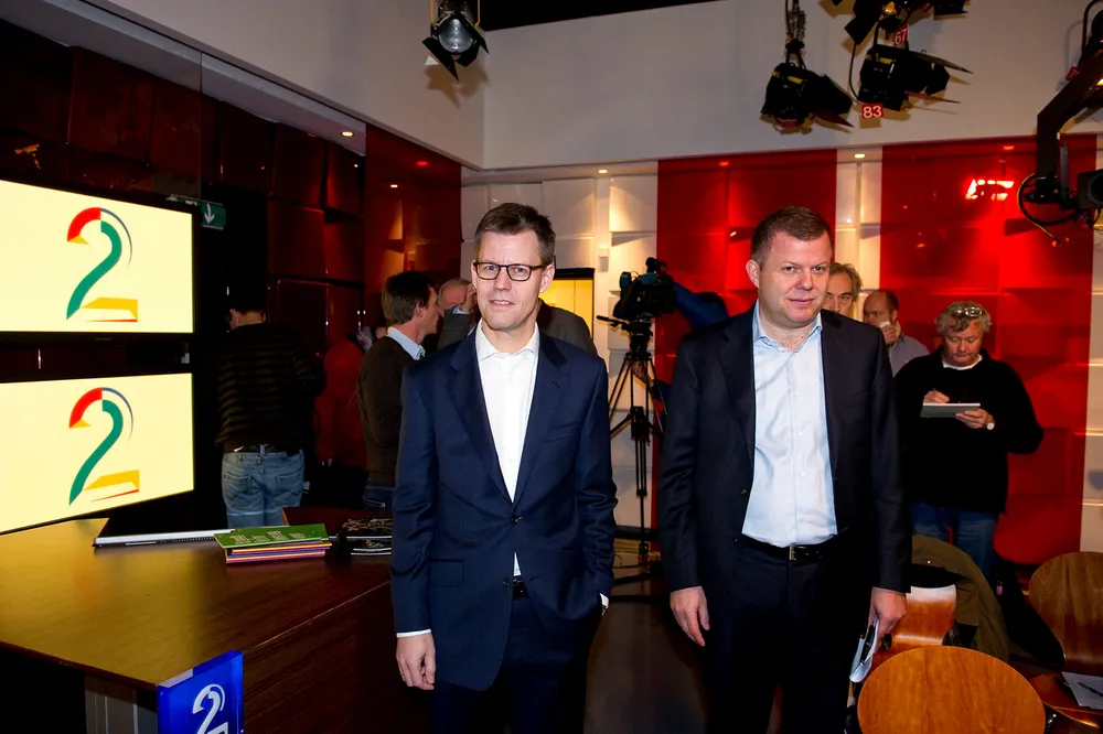 Fra v. konsernsjef i Egmont, Steffen Kragh og konserndirektør i Egmont og styreleder i TV 2, Hans J. Carstensen. Foto: Marit Hommedal / NTB Scanpix