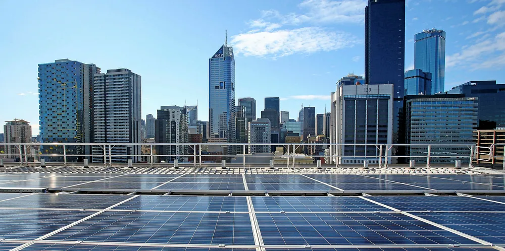 Solar panels are seen on the rooftop at AGL's new Docklands office on August 20, 2015 in Melbourne, Australia.