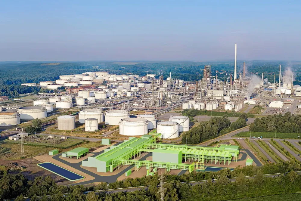 A computer-generated rendering of the 100MW green hydrogen plant at the Lingen refinery.
