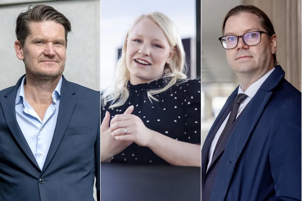 Sjeføkonom Kjetil Olsen i Nordea (fra venstre), strateg Amanda Sundström i SEB og sjeføkonom Marius Gonsholt Hov i Handelsbanken.