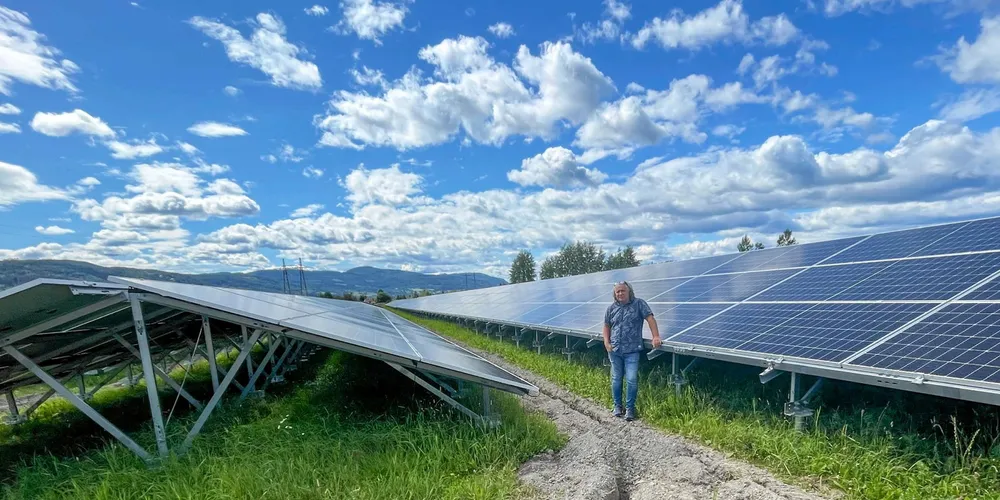 Solkraft-gründer Ove Helgesen i Hydropower AS foran Vikersund solcellepark 1 i Modum kommune. Her skal sauer beite under panelene, sier han.