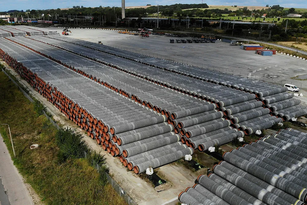 Storage reward: pipes for Russian subsea gas export pipeline Nord Stream 2 laying in the German port of Mukran