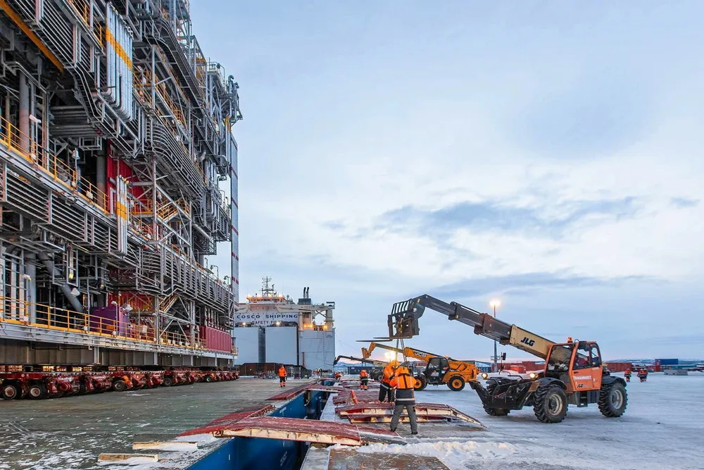 At work: a pre-fabrication module for the first train of the Arctic LNG 2 plant is being prepared to be rolled from a Chinese carrier to the shore at the Belokamenka yard in Russia