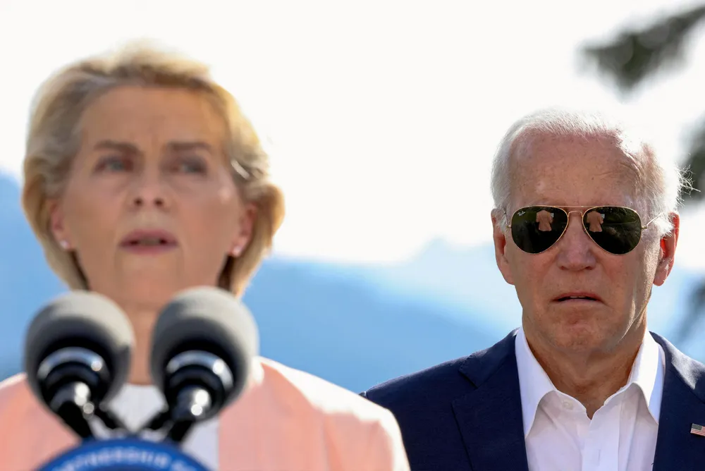 Getty Images) . President Joe Biden listens to a speech by European Commission president Ursula von der Leyen at the G7 Summit in Germany in June.