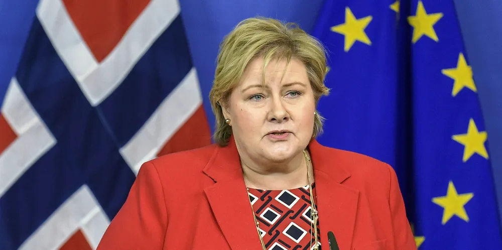 Norwegian prime minister Erna Solberg speaking in Brussels.
