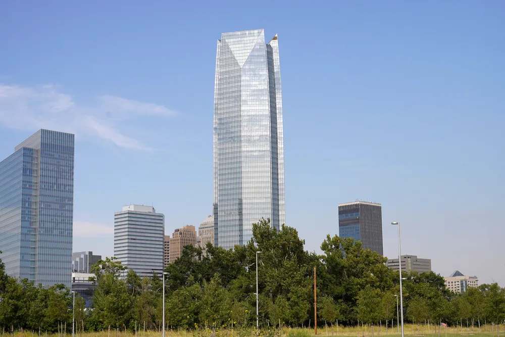 The Devon Energy Tower dwarfs other downtown buildings in Oklahoma City, Oklahoma.