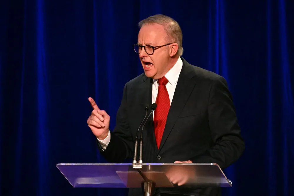 Australia's Prime Minister Anthony Albanese gestures as he speaks after winning the general election at the Labor Party election night event in Sydney on May 3, 2025.