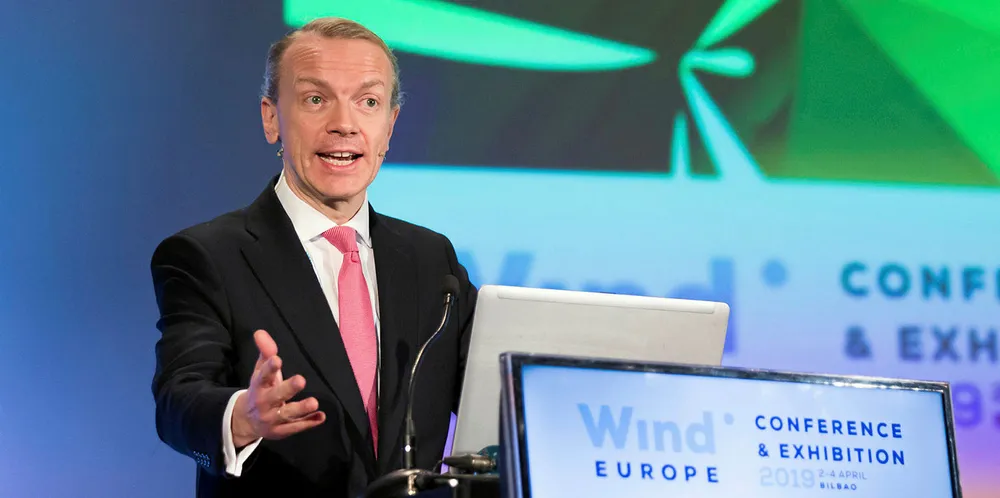 CEO Giles Dickson speaking at the WindEurope conference .