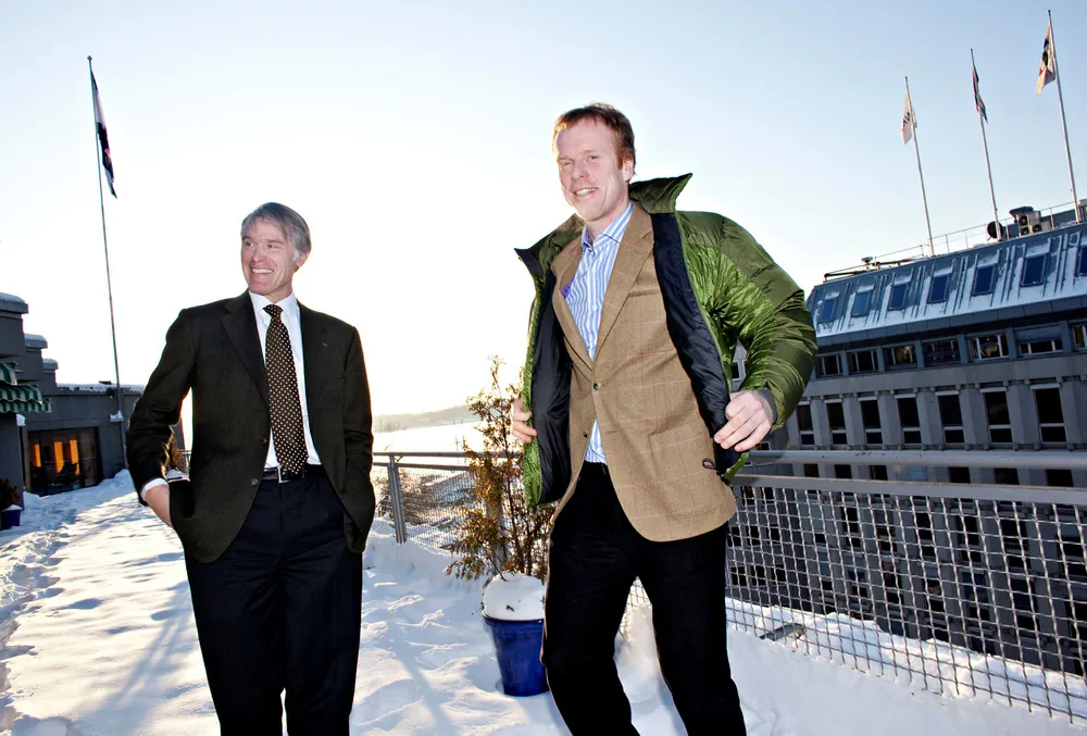 Ole Fr. Anker-Rasch (Dæhlies mangeårige partner og rådgiver) og Bjørn Dæhlie i Anaxo Capital er blant dem som nyter godt av kraftig kursoppgang på Aker Solutions tirsdag. Foto: Øyvind Elvsborg