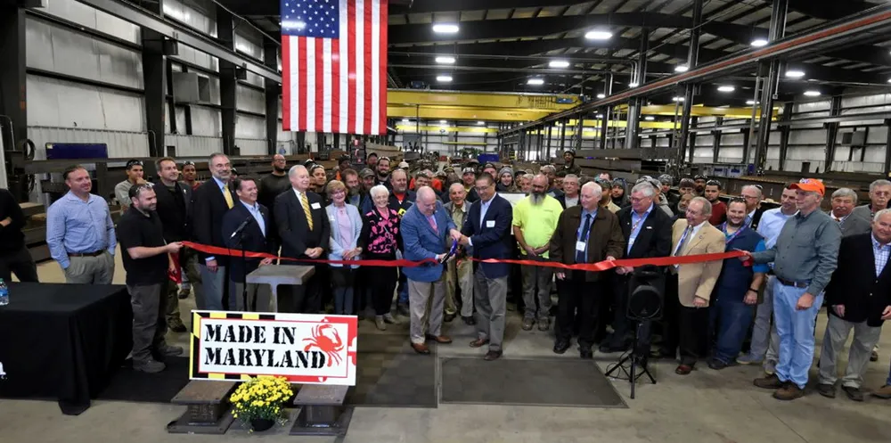 Maryland Governor Larry Hogan joins local business leaders at Crystal Steel’s Federalsburg facility for an official ribbon cutting ceremony in 2018