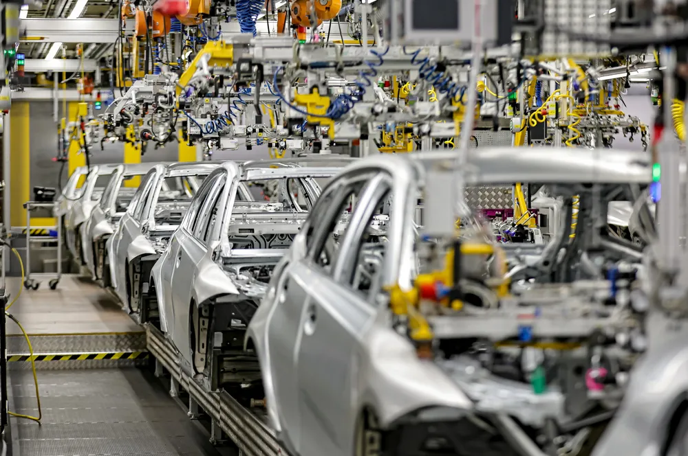 Cars being manufactured at a BMW factory in Munich, Germany.