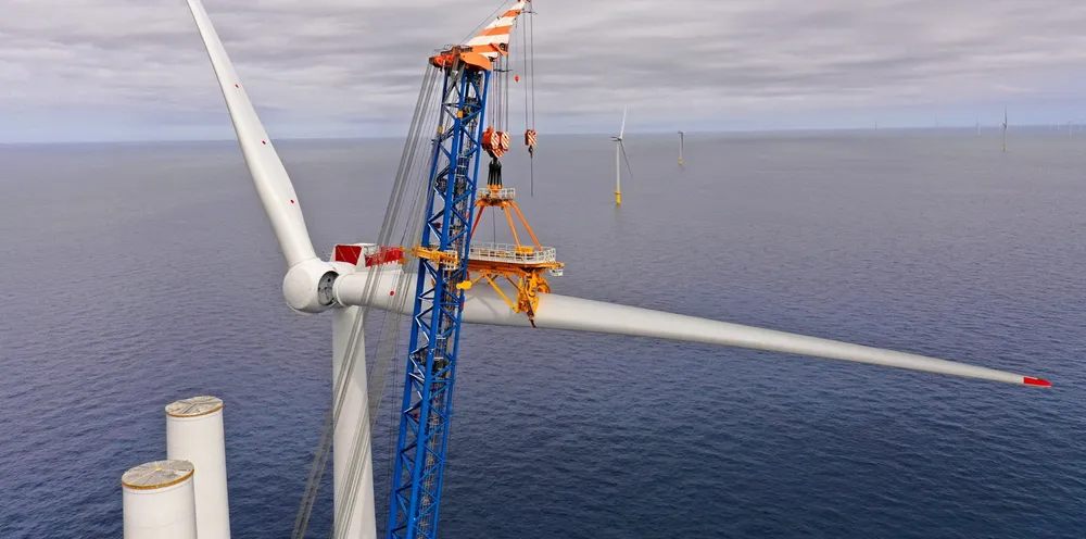 A turbine blade being connected during installation of the 1.3GW Hornsea 2 project