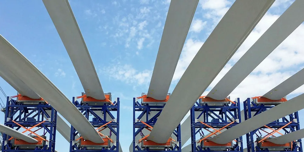Rotor blades awaiting installation at Block Island, the first US offshore project. Karl-Erik Stromsta/Recharge