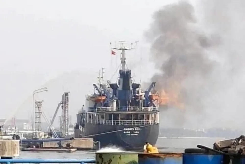 Ablaze: the Smooth Sea 2, owned by Smooth Sea, was in dock near Bangkok, Thailand.