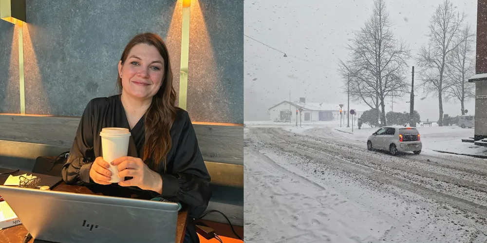 Cecilie Myrseth er værfast på Flesland tirsdag, og får derfor ikke med seg et møte om kvotemeldingen i Ålesund. Hun skulle blant annet besøke Brødrene Sperre. Til høyre ser du et eksempel på hva som kvalifiserer som snøkaos i Bergen.