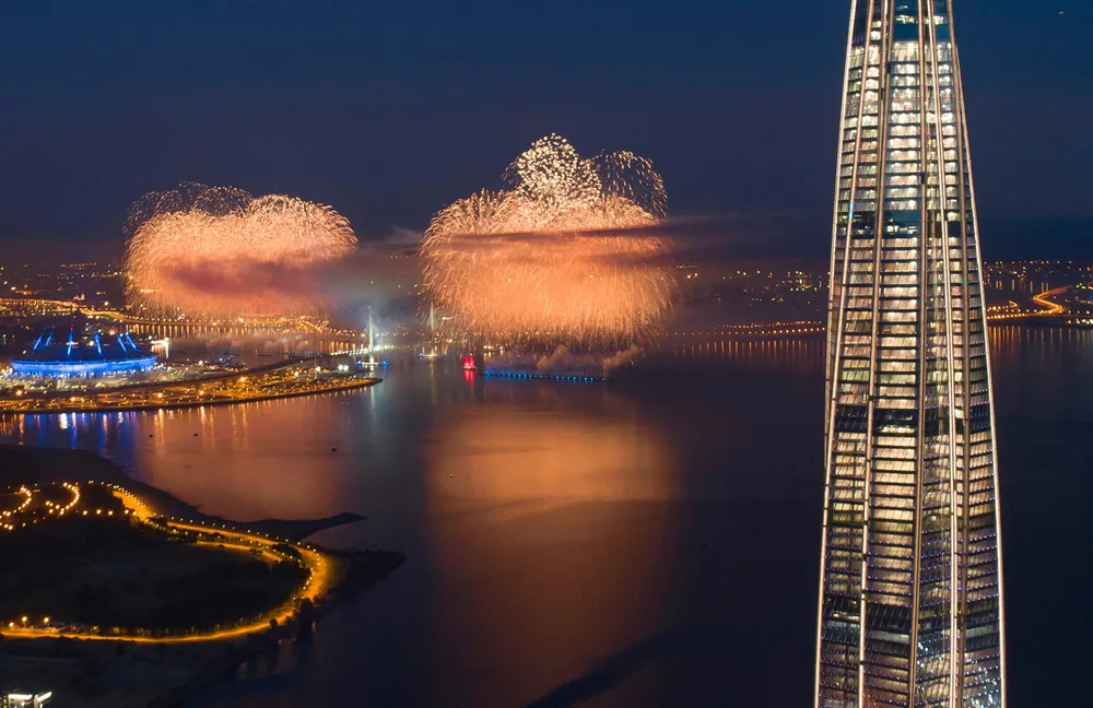 Burst of optimism: fireworks seen from the Lakhta Centre tower in St Petersburg, which hosts Gazprom's headquarters