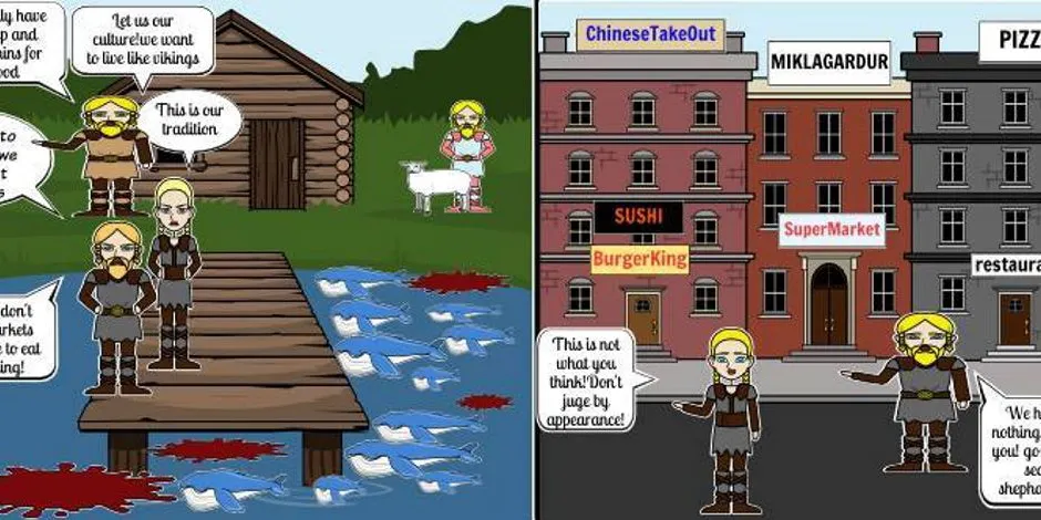 Med karikaturtegninger og avisstriper har Jógvan á Høvdanum tatt opp kampen mot det han mener er en meningsløs Sea Shepherd-kampanje. Ekteparet Paul Watson og Yana Rusinovich svarte på de færøyske karikaturtegningene med denne stripen som Yana Rusinovich har laget.