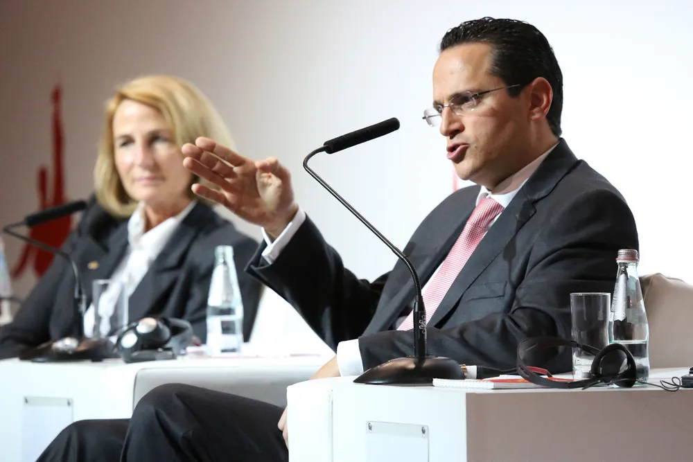 Safety first: Wael Sawan (R) of Shell and Melody Meyer of Chevron aim for zero incidents