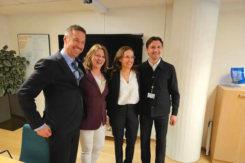 Den poltiske ledelsen i fiskeridepartementet: Fra venstre: statssekretærene Even Tronstad Sagebakken og Kristina Sigurdsdottir Hansen, fiskeriminister Marianne Sivertsen Næss og politisk rådgiver Nicklas Simonsen.