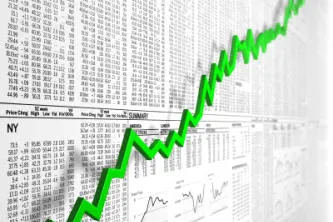 Up graph in front of newspaper stock market tables. 3d render.