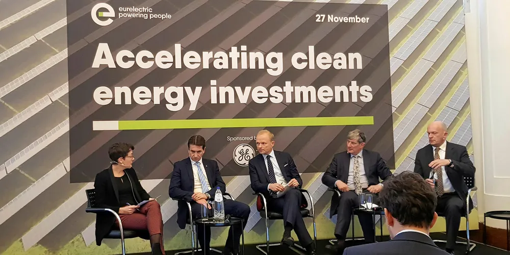 Eurelectric's Marion Labatut questions (from left) Darius Maikstenas, chief executive of Lietuvos Energija; Pekka Lundmark, chief executive of Fortum; Pat O’Doherty, chief executive of ESB; and John Cooper, director general of FuelsEurope, at the organisation's Accelerating Clean Energy Investments conference in Brussels on Tuesday.