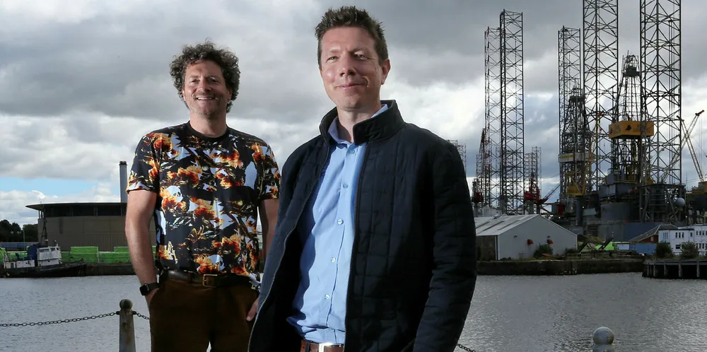 Nathan Pyne-Carter CEO of fish stunner startup Ace Aquatec with Chris van der Kuyl of video game developer 4J Studio at the Water's Edge, Dundee.