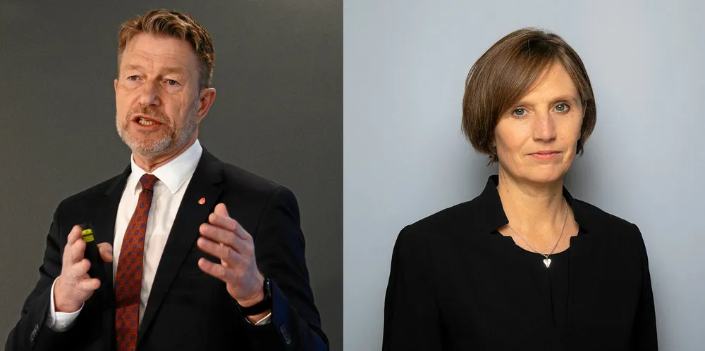 Regjeringen ved olje- og energiminister Terje Aasland (til v) og barne- og familieminister Kjersti Toppe har i dag lagt frem forslag om strengere regulering av strømsalg.