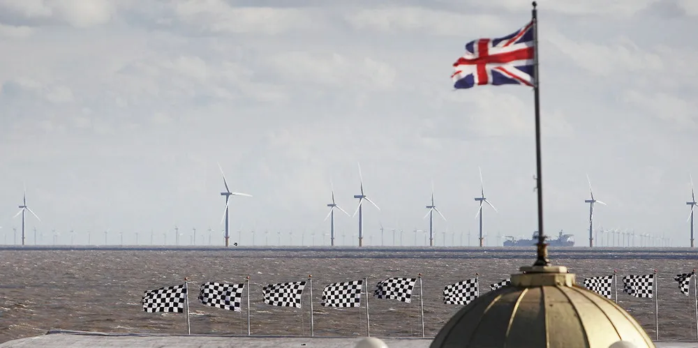 The UK's Gunfleet Sands wind farm, as seen from the town of Clacton-on-Sea