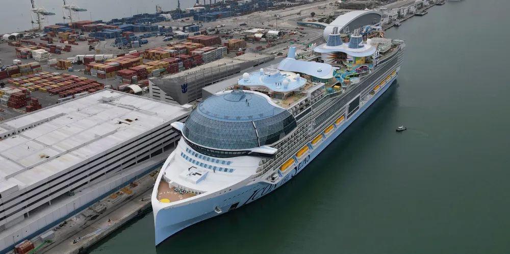 The Icon of the Seas, the world’s largest cruise ship, sits at a PortMiami dock after arriving on 10 January.