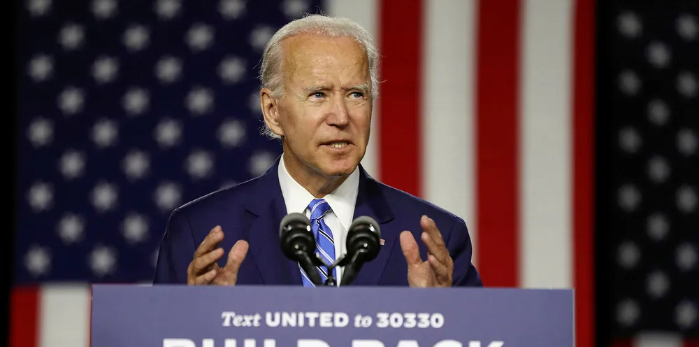 Democratic presidential candidate former Vice President Joe Biden speaks at the Chase Center July 14, 2020 in Wilmington, Delaware. Biden delivered remarks on his campaign's 'Build Back Better' clean energy economic plan.