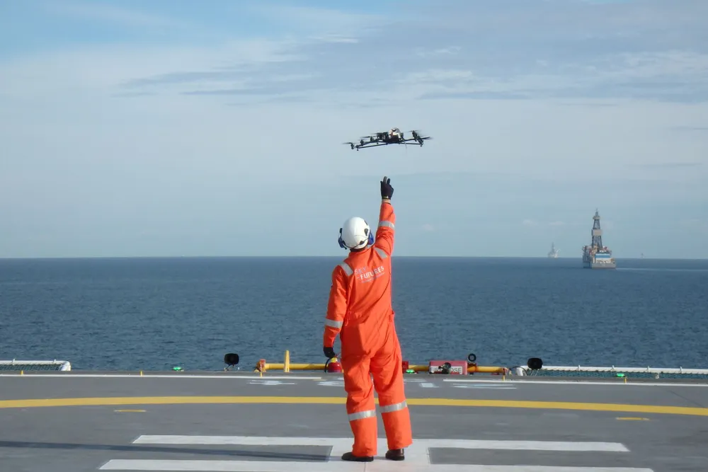 Incoming: a drone returns from an offshore mission