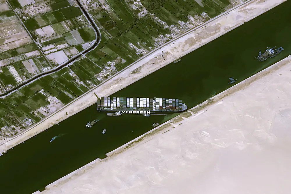Stuck: oil prices jumped 4% on fears it will take weeks for the stranded container ship Ever Given to dislodge