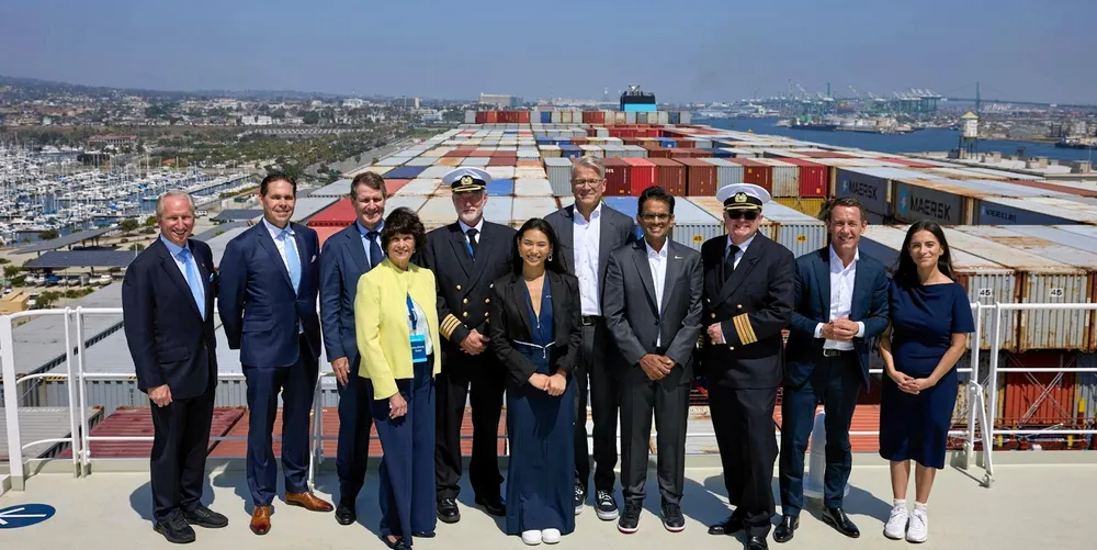 AP Moller-Maersk celebrated a naming ceremony for the 15,200-teu Alette Maersk (built 2024) in Los Angeles. Chief executive Vincent Clerc (fifth from right) stood with Nike chief supply chain officer Venkatesh Alagirisamy (fourth from right) and Nike-sponsored snowboarder Chloe Kim (centre).