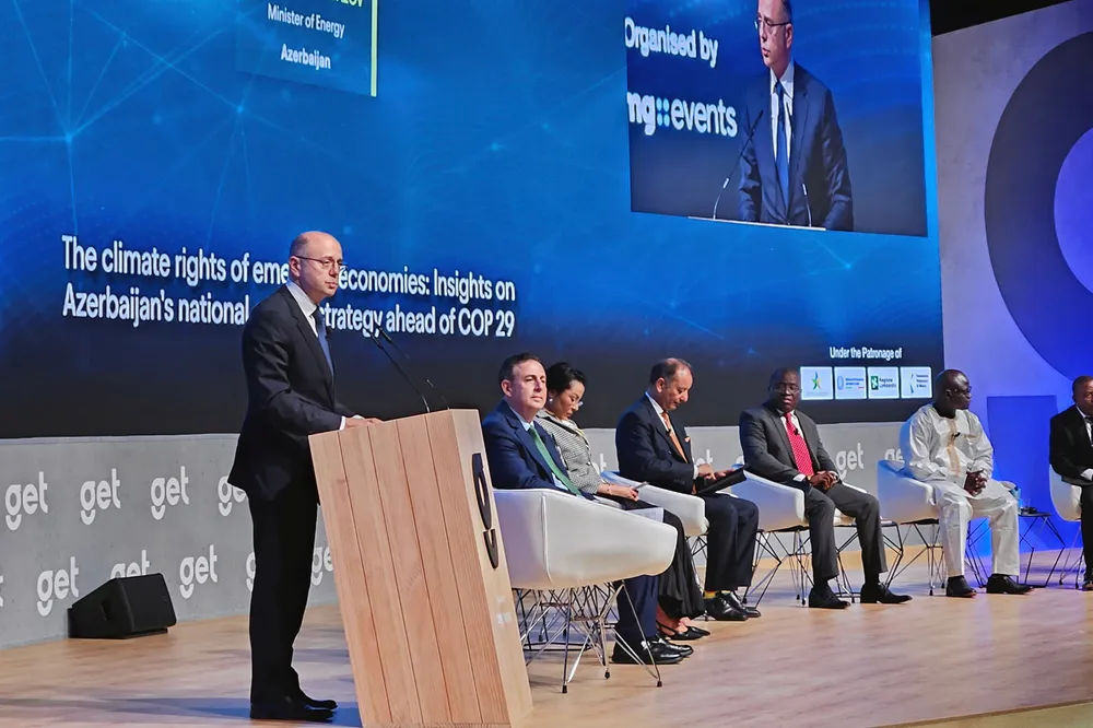 Azerbaijan's minister of energy, Parviz Shabazov, speaking on the opening day of the Global Energy Transition 2024 conference in Milan, Italy.