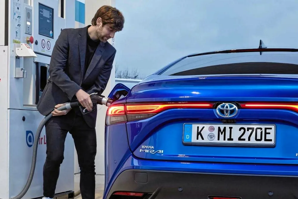 A Toyota Mirai being filled with hydrogen in Germany.