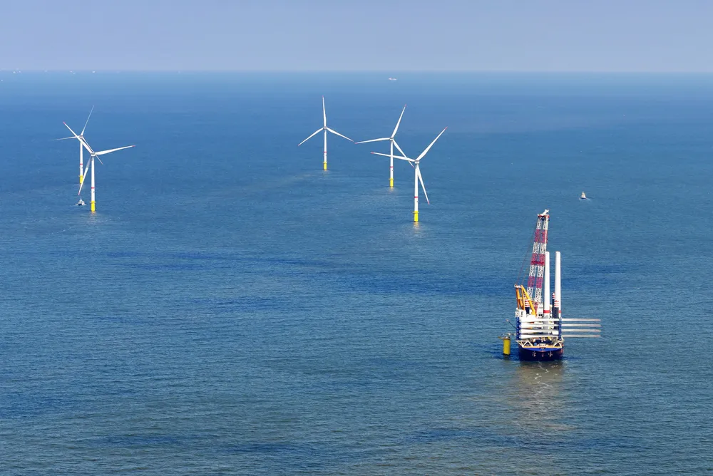 Operating Belgian wind farm Rentel during construction.