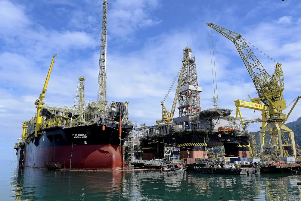 Halted: work on the semisub Urca - seen on the right at the Brasfels shipyard - stopped as a fall-out from the 'Car Wash' investigation in Brazil