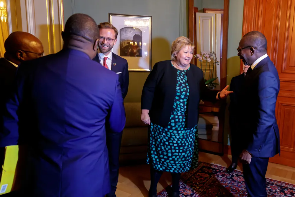 Da Nikolai Astrup var utviklingsminister for statsminister Erna Solberg møtte han blant andre presidenten i Benin, Patrice Talon (t.h) i Regjeringens representasjonsbolig.