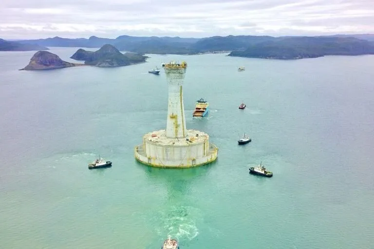 The 210,000-tonne concrete gravity structure at the heart of Cenovus Energy's West White Rose project offshore eastern Canada being towed from its dry dock in Newfoundland & Labrador.