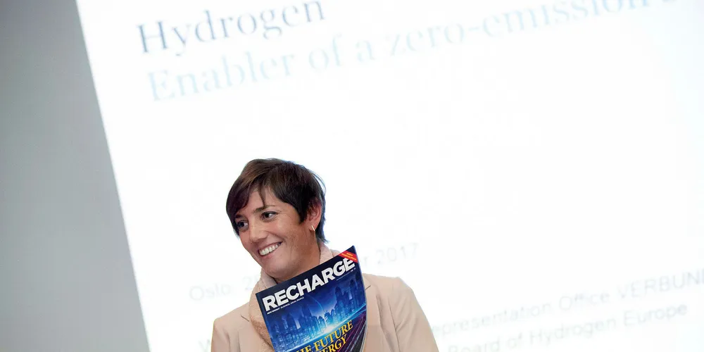 Walburga Hemetsberger giving a talk on green hydrogen at Recharge's Thought Leaders Summit in Oslo in November last year.