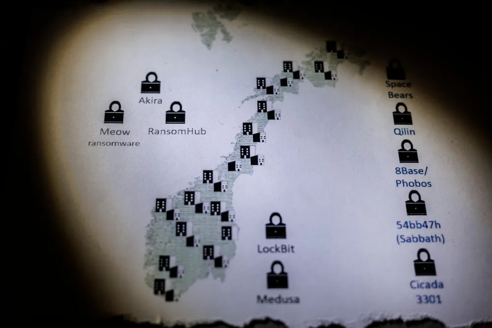 Dette kartet utarbeidet av Kripos, viser oversikten over løsepengevirusvarianter som har rammet norske verdier i 2024.