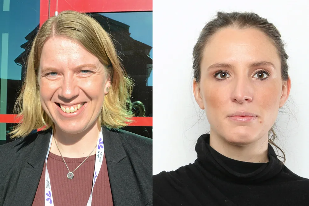 Nå gir Line Drange Ruud (til v) stafettpinnen som leder i Kraftkvinnenene videre til Khanya Bouma.