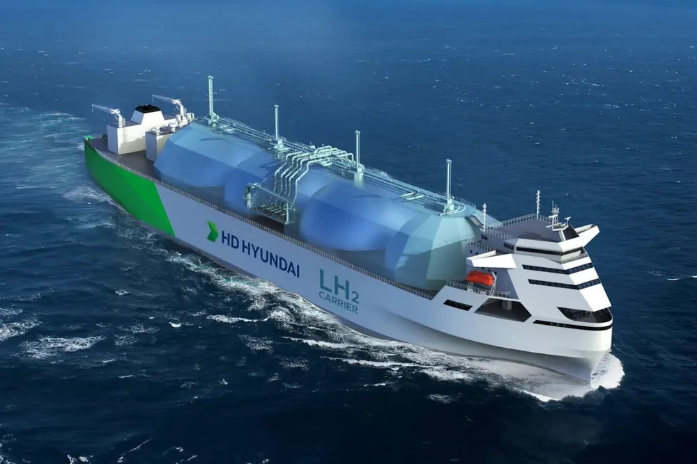 A computer-generated image of a liquid hydrogen carrier concept HD Hyundai KSOE is already working on with Woodside Energy and MOL