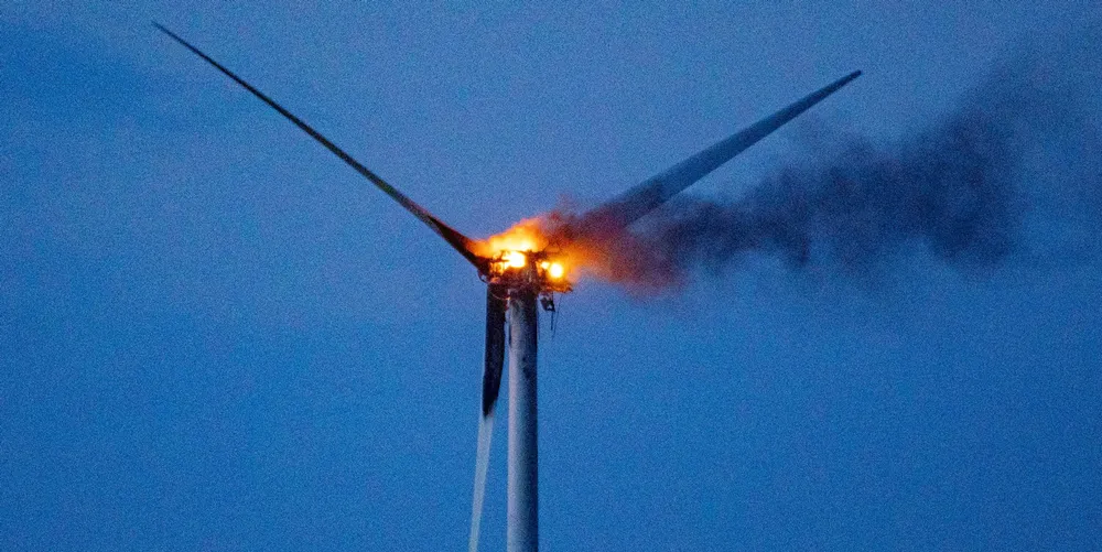 The turbine on fire in Cambridgeshire in the UK.