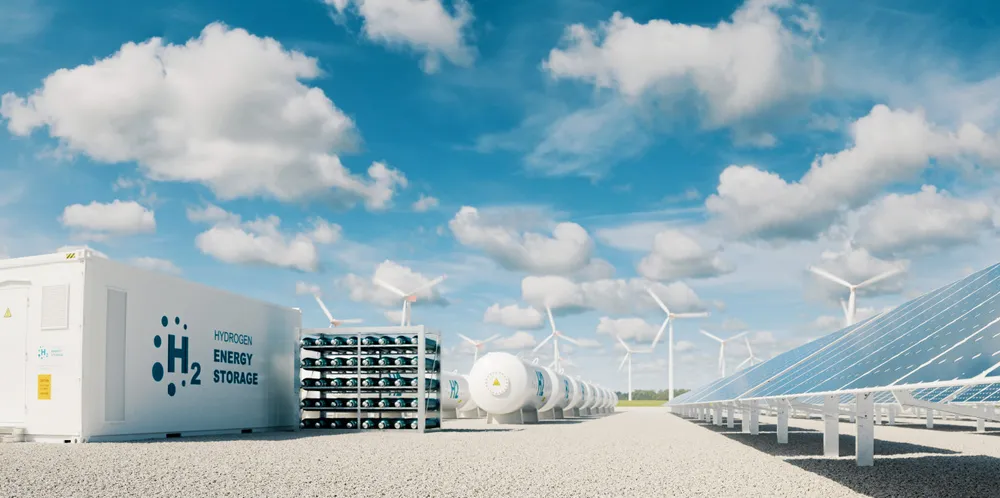 Graphic representing wind- and solar-powered hydrogen.